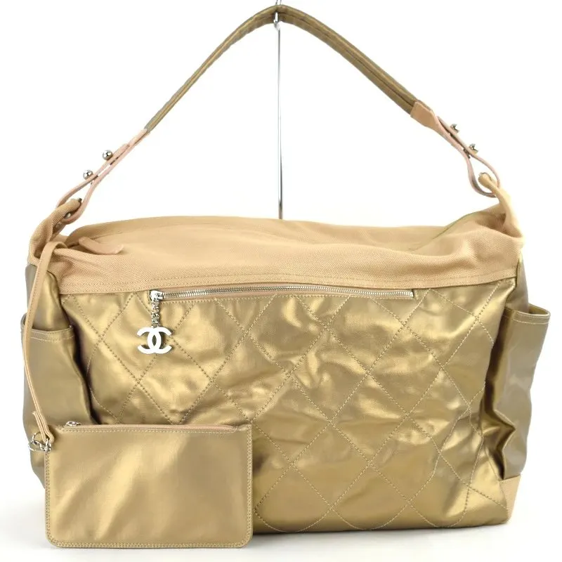 Chanel Gold Quilted Coated Canvas Large Paris Biarritz Hobo Bag Gold Canvas Very good - Front View