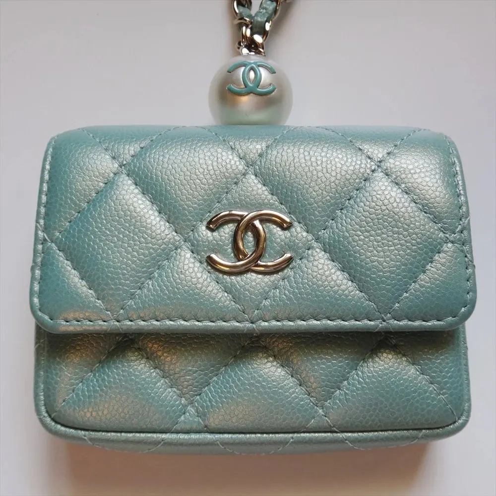 Chanel Iridescent Light Blue Caviar Quilted Pearl On Top Wallet On Chain Coin Purse Blue Leather Very good - Back View