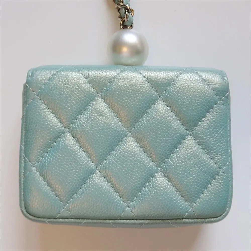 Chanel Iridescent Light Blue Caviar Quilted Pearl On Top Wallet On Chain Coin Purse Blue Leather Very good - Inside View