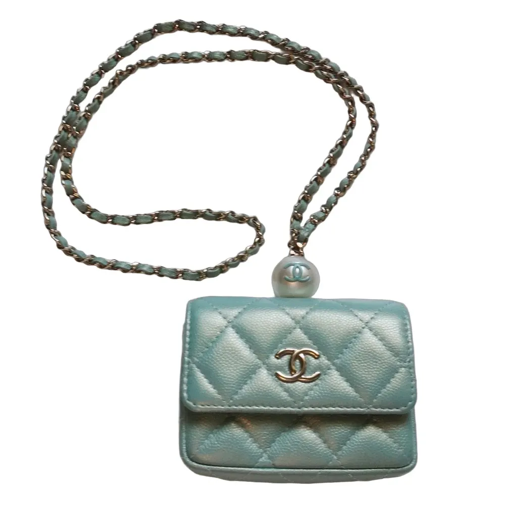 Chanel Iridescent Light Blue Caviar Quilted Pearl On Top Wallet On Chain Coin Purse Blue Leather Very good - Front View