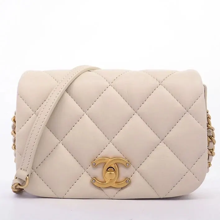 Chanel Light Beige Quilted Calfskin Mini Nailed CC Full Flap Bag Beige Leather Very good - Front View