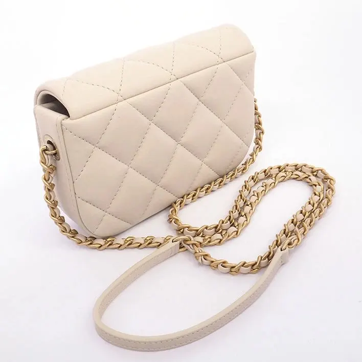 Chanel Light Beige Quilted Calfskin Mini Nailed CC Full Flap Bag Beige Leather Very good - Back View