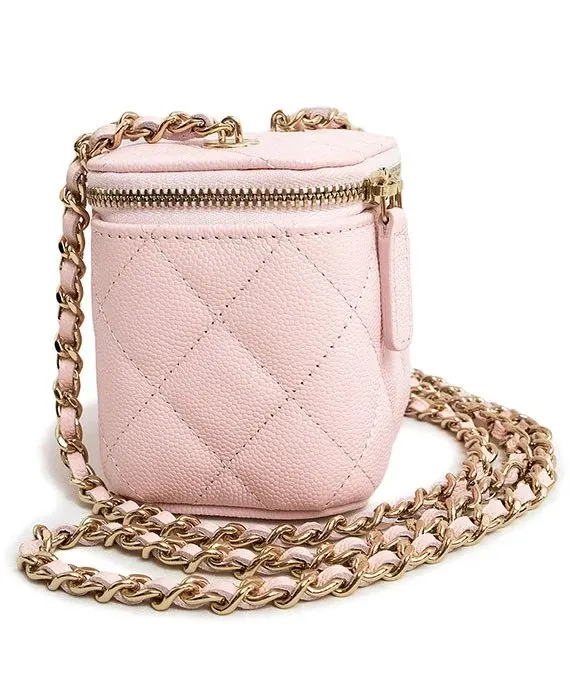 Chanel Matelasse Light Pink Classic Small Vanity Case with Chain in Caviar Leather with Champagne Gold Hardware Beige Leather Never worn - Back View