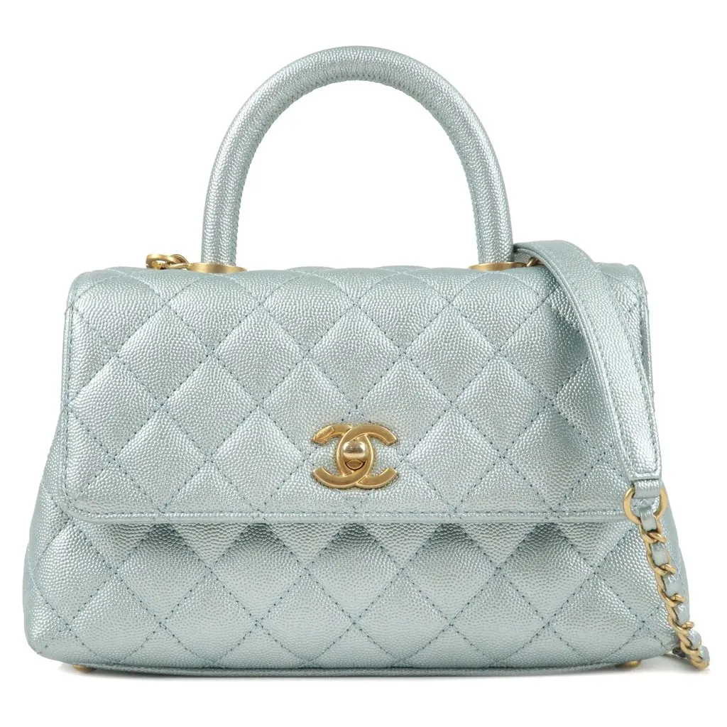 Chanel Metallic Light Blue Small Caviar Leather Coco Top Handle Bag Blue Leather Very good - Front View