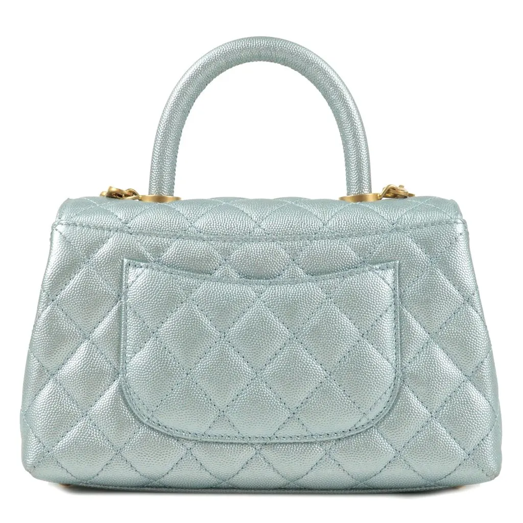 Chanel Metallic Light Blue Small Caviar Leather Coco Top Handle Bag Blue Leather Very good - Back View