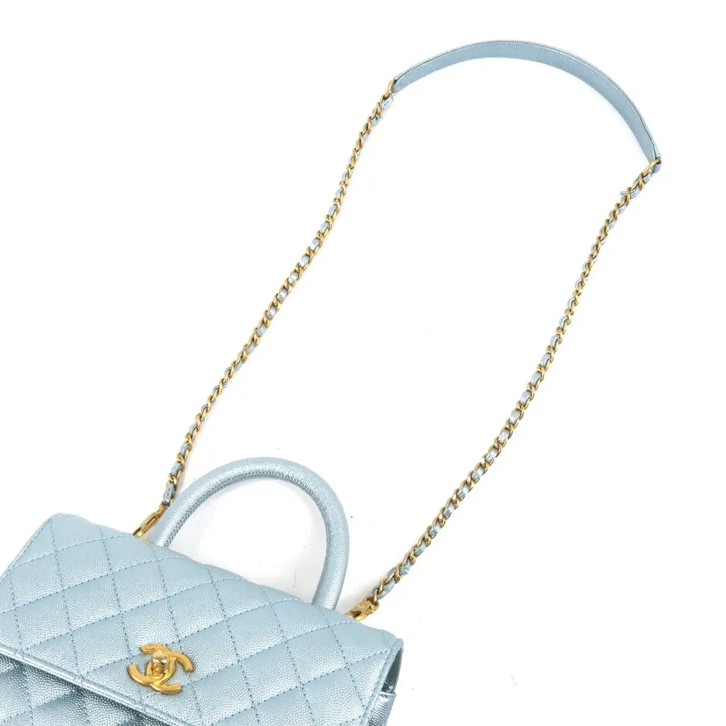 Chanel Metallic Light Blue Small Caviar Leather Coco Top Handle Bag Blue Leather Very good - Model View