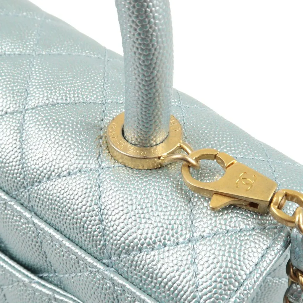 Chanel Metallic Light Blue Small Caviar Leather Coco Top Handle Bag Blue Leather Very good - Box View