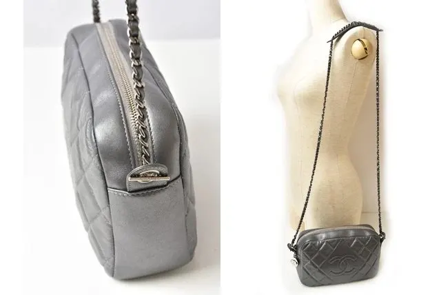 Chanel Metallic Silver Lambskin Quilted Diamond CC Camera Bag Silver Leather Very good - Back View