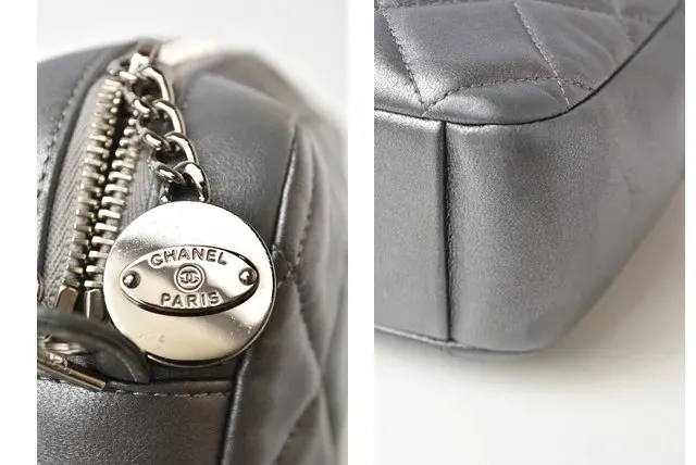 Chanel Metallic Silver Lambskin Quilted Diamond CC Camera Bag Silver Leather Very good - Inside View