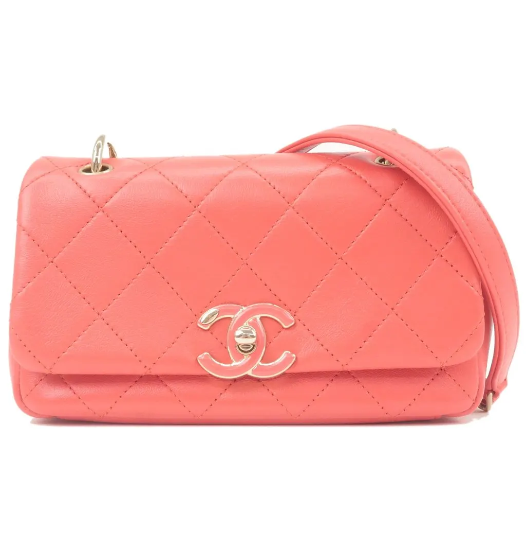 Chanel Mini Pink Matlasse Lambskin Diagonal Chain Shoulder Bag Pink Leather Very good - Front View