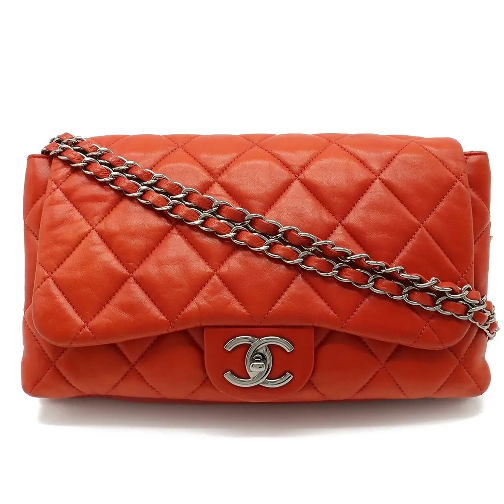 Chanel Orange Quilted Lambskin Leather Accordion Flap Bag Orange Leather Very good - Front View