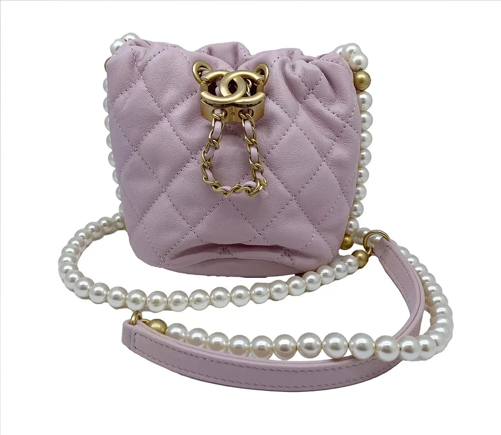 Chanel Pink Calfskin Leather Mini About Pearls Drawstring Bucket Bag Pink Leather Very good - Front View