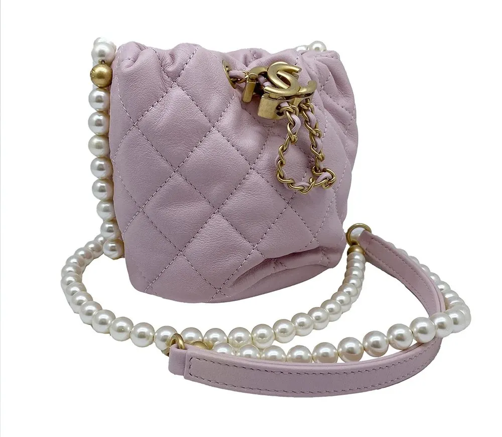 Chanel Pink Calfskin Leather Mini About Pearls Drawstring Bucket Bag Pink Leather Very good - Back View