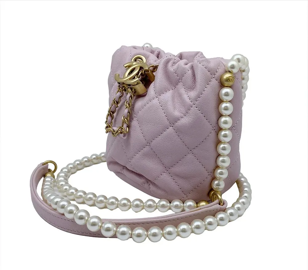 Chanel Pink Calfskin Leather Mini About Pearls Drawstring Bucket Bag Pink Leather Very good - Inside View