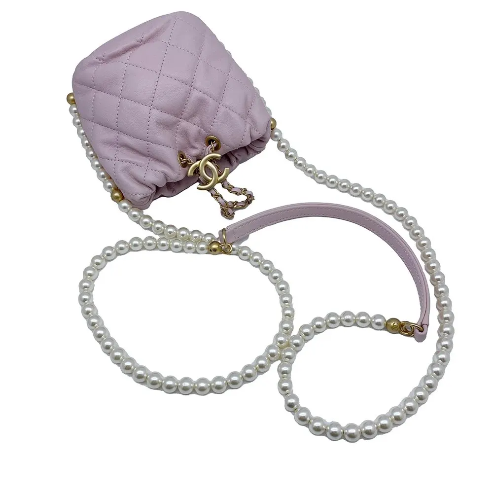 Chanel Pink Calfskin Leather Mini About Pearls Drawstring Bucket Bag Pink Leather Very good - Model View