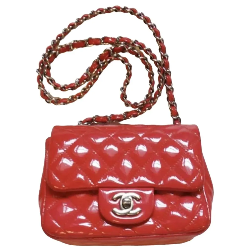 Chanel Red Quilted Patent Leather Mini Square Classic Flap Bag Red Leather Good - Front View