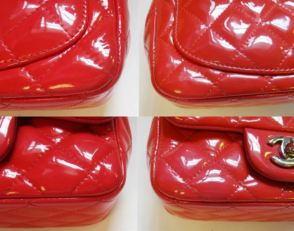 Chanel Red Quilted Patent Leather Mini Square Classic Flap Bag Red Leather Good - Back View