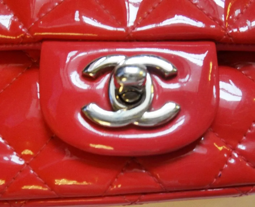 Chanel Red Quilted Patent Leather Mini Square Classic Flap Bag Red Leather Good - Inside View