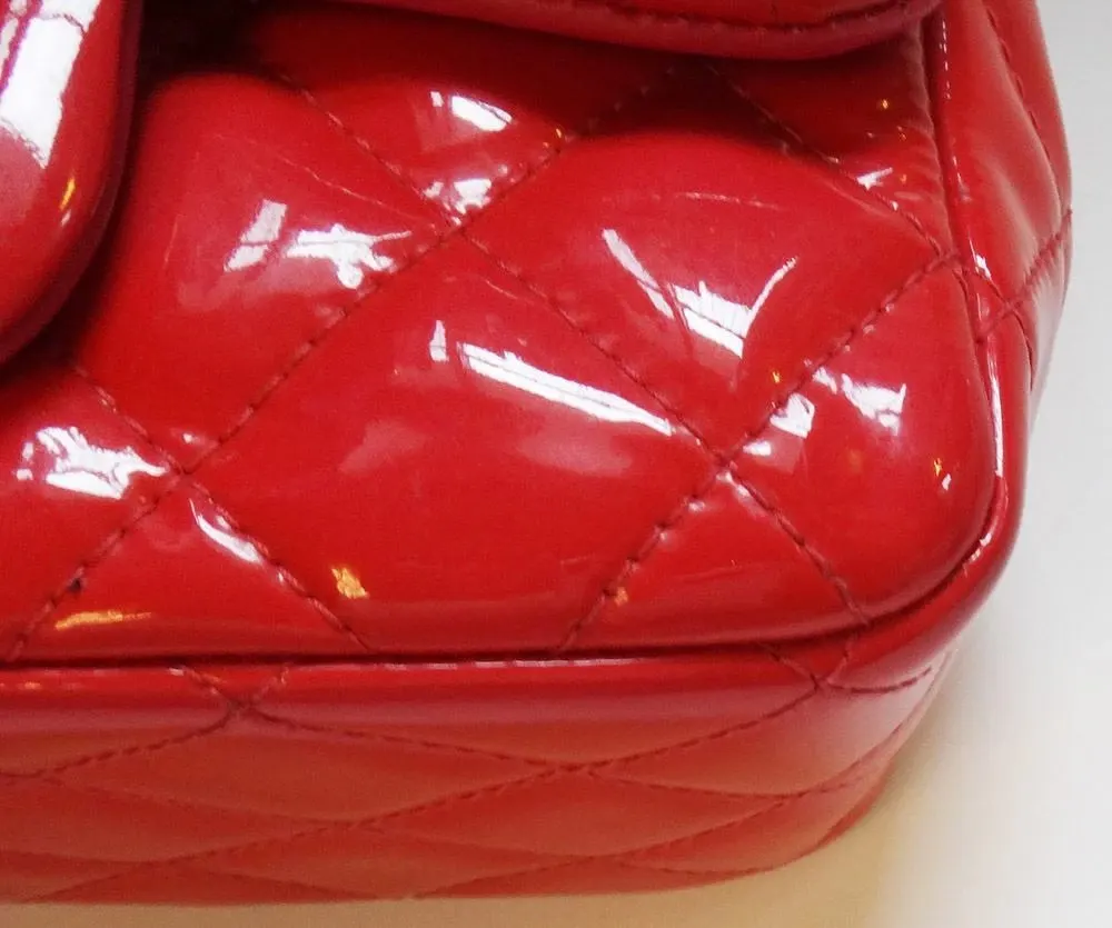 Chanel Red Quilted Patent Leather Mini Square Classic Flap Bag Red Leather Good - Model View