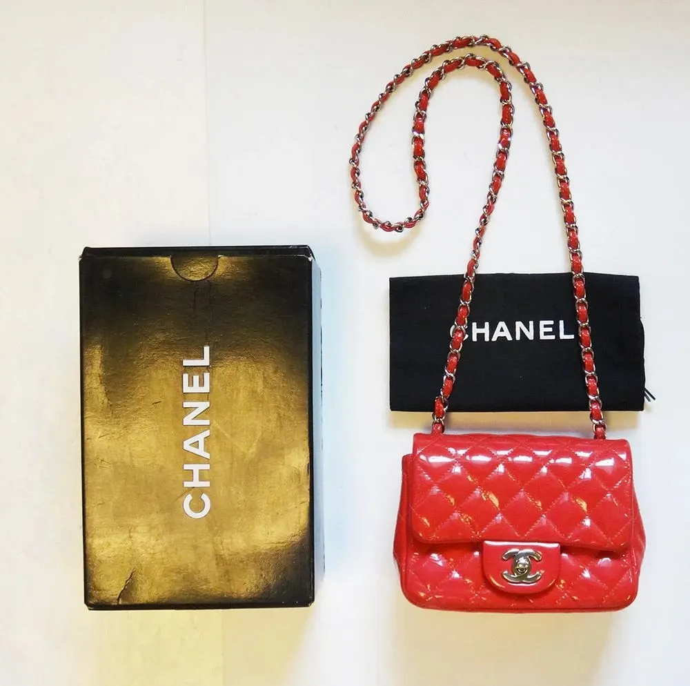 Chanel Red Quilted Patent Leather Mini Square Classic Flap Bag Red Leather Good - Box View