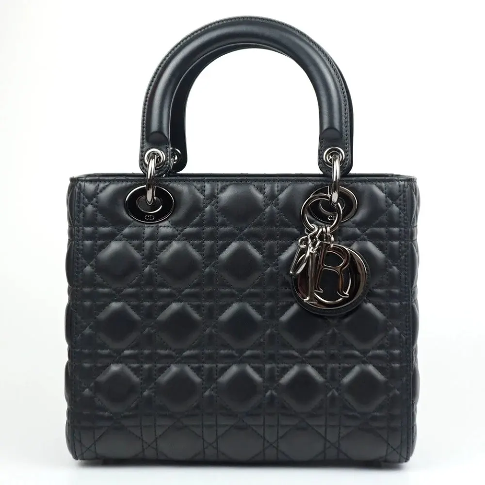 Dior Black Color Cannage Lambskin Leather Medium Lady Dior Satchel Bag Black Leather Very good - Front View