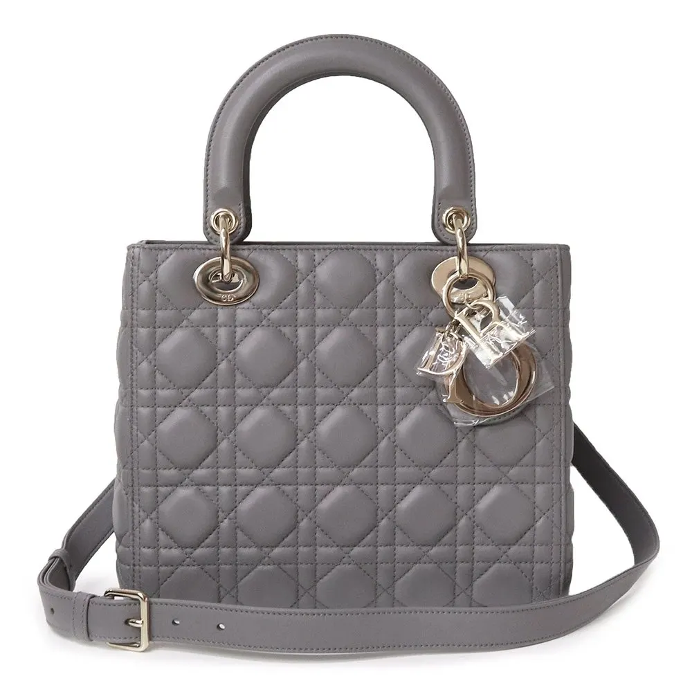Dior Grey Color Cannage Lambskin Leather Medium Lady Dior Satchel Bag Grey Leather Never worn - Front View