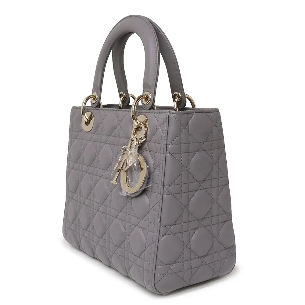 Dior Grey Color Cannage Lambskin Leather Medium Lady Dior Satchel Bag Grey Leather Never worn - Inside View
