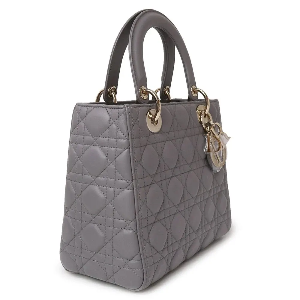 Dior Grey Color Cannage Lambskin Leather Medium Lady Dior Satchel Bag Grey Leather Never worn - Model View