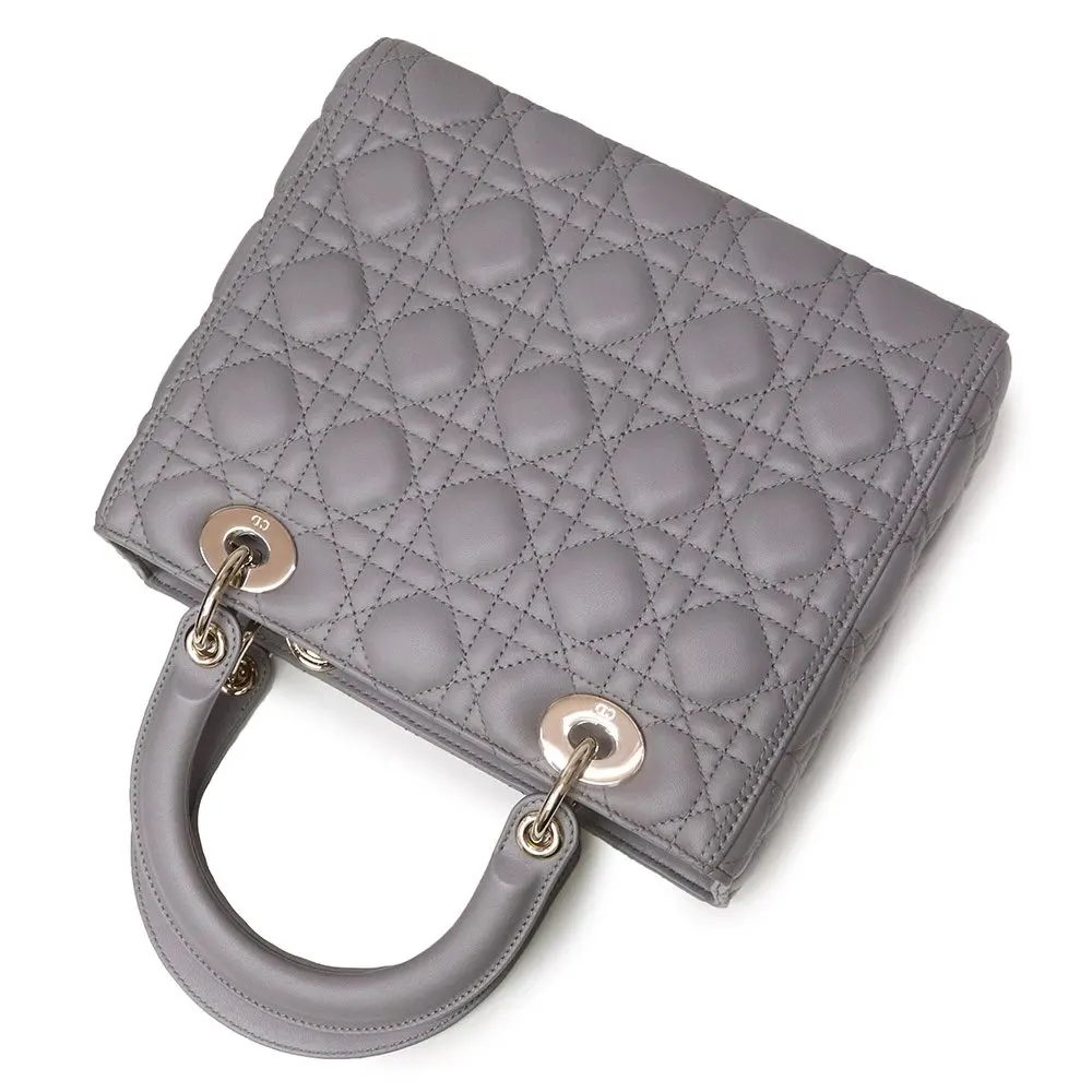 Dior Grey Color Cannage Lambskin Leather Medium Lady Dior Satchel Bag Grey Leather Never worn - Box View