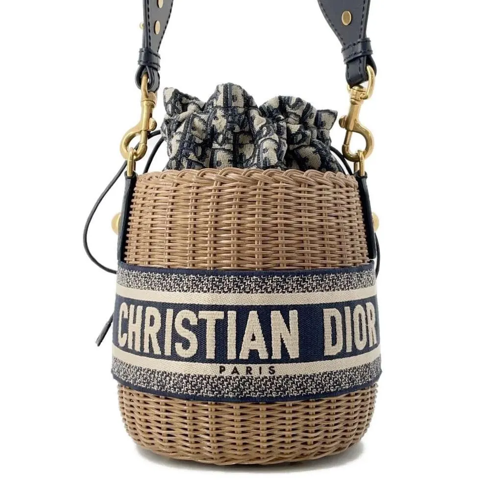 Dior Oblique Wicker Rattan Canvas Shoulder Basket Bag MultiColor Canvas Very good - Front View
