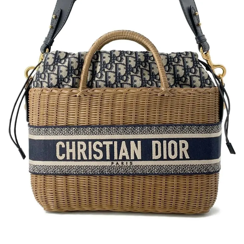 Dior Natural Wicker and Blue Oblique Canvas Brown Basket Bag Brown Canvas Very good - Front View