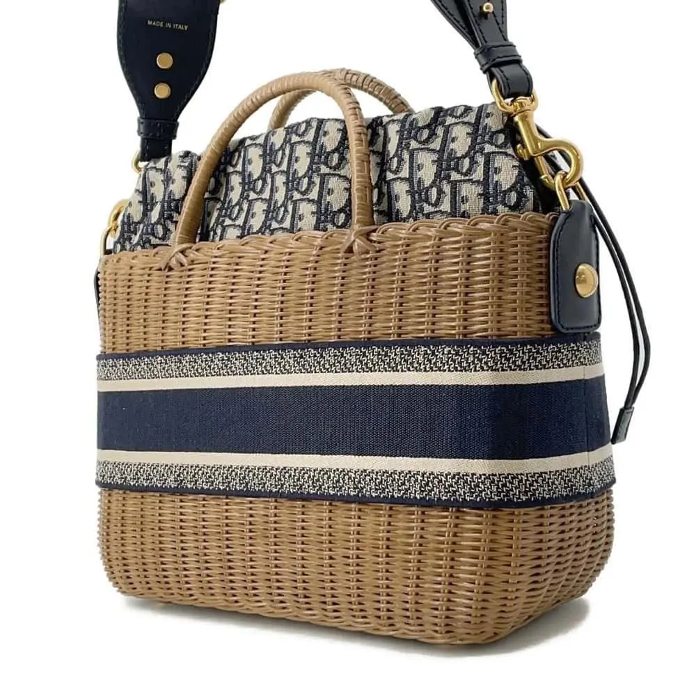 Dior Natural Wicker and Blue Oblique Canvas Brown Basket Bag Brown Canvas Very good - Back View
