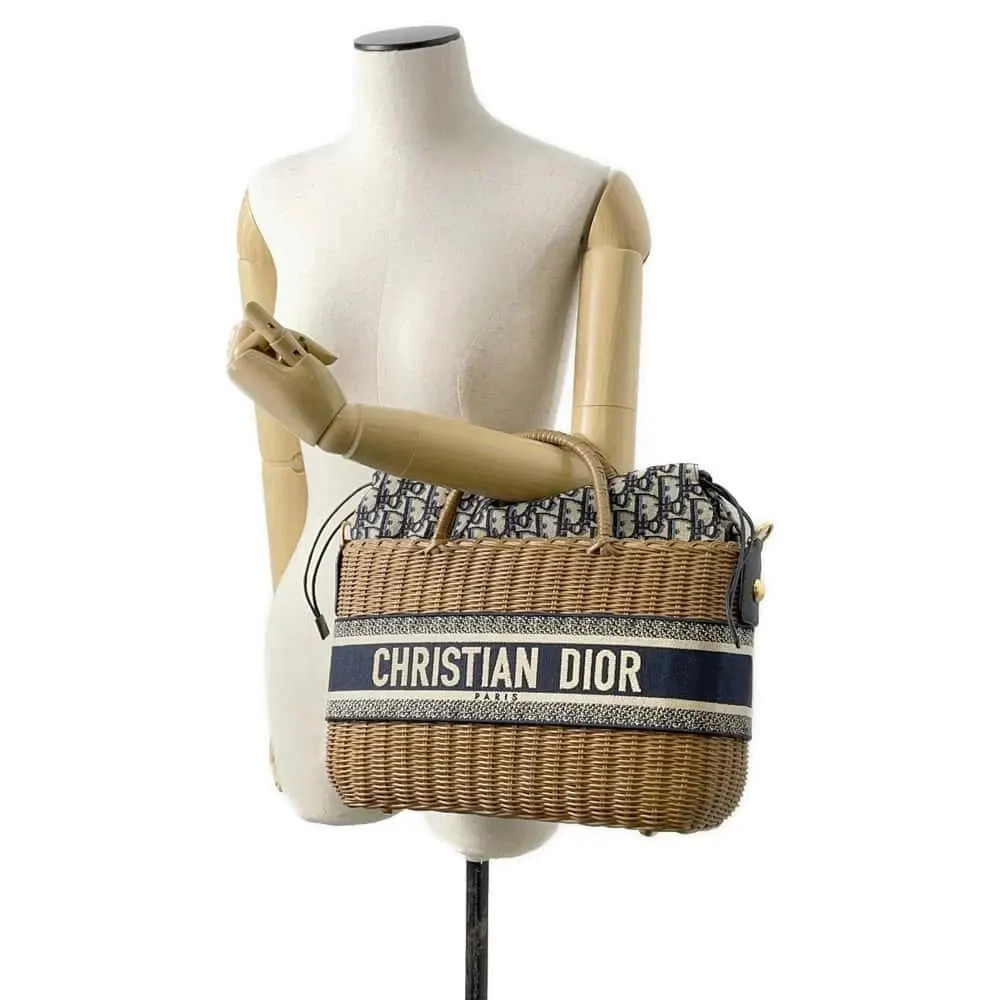 Dior Natural Wicker and Blue Oblique Canvas Brown Basket Bag Brown Canvas Very good - Model View