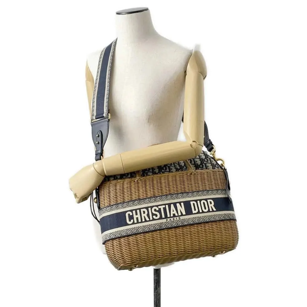 Dior Natural Wicker and Blue Oblique Canvas Brown Basket Bag Brown Canvas Very good - Box View