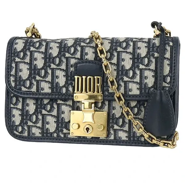 Dior Navy Blue/White Oblique Canvas Dior Addict Flap Chain Bag White Canvas Very good - Front View