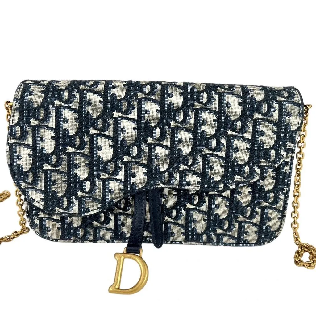 Dior Saddle Wallet on Chain in Blue Dior Oblique Jacquard Blue Never worn - Front View