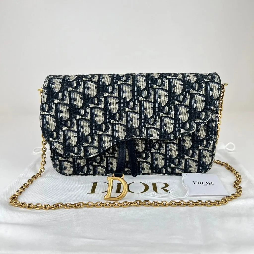 Dior Saddle Wallet on Chain in Blue Dior Oblique Jacquard Blue Never worn - Back View