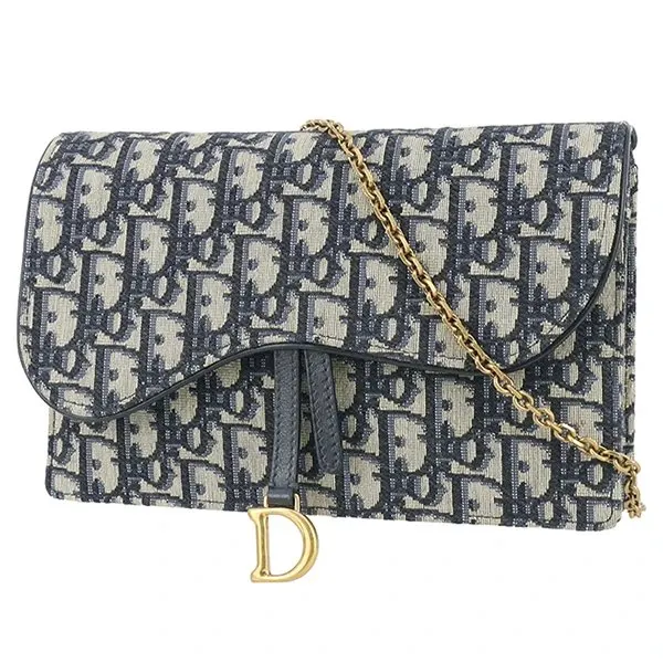 Dior Saddle Wallet on Chain in Blue Dior Oblique Jacquard Blue Very good - Front View