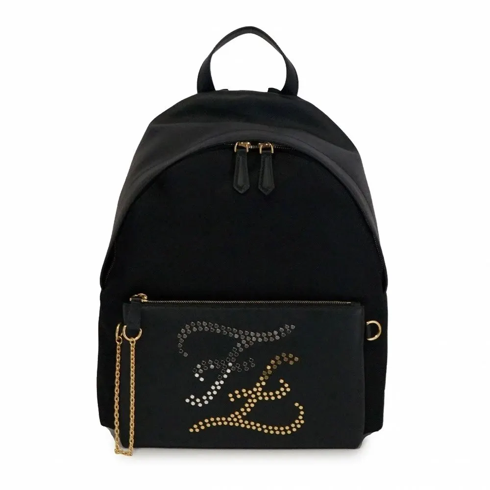 Fendi Black Nylon Calligraphy Embellished Logo Backpack Black Very good - Front View