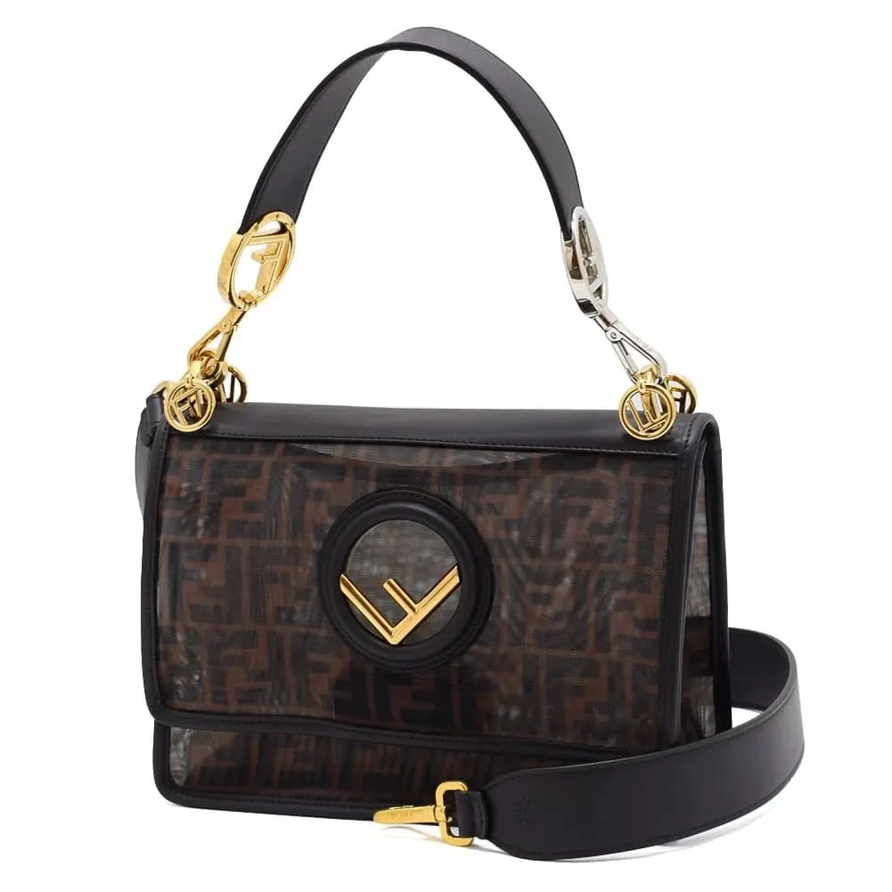 Fendi Black/Brown FF Mesh and Leather Kan I Shoulder Bag Brown Leather Never worn - Front View