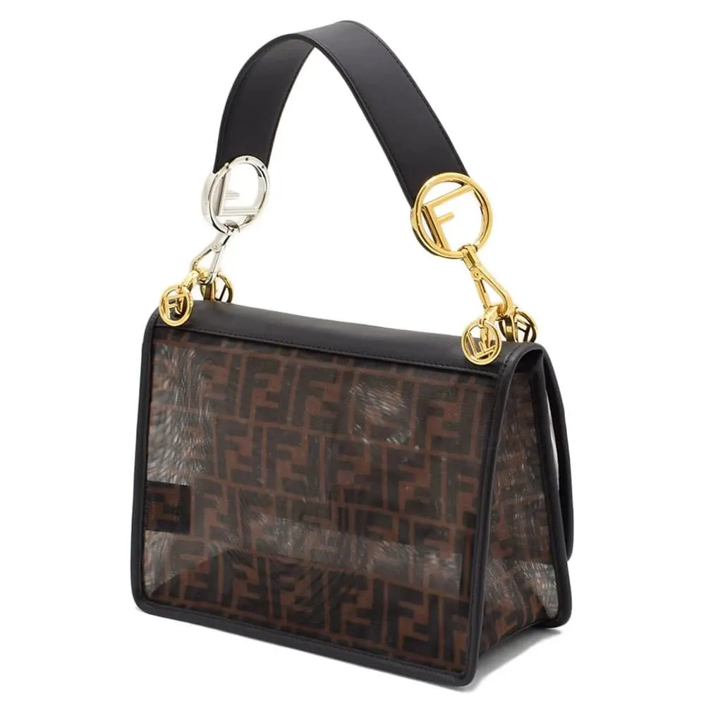Fendi Black/Brown FF Mesh and Leather Kan I Shoulder Bag Brown Leather Never worn - Back View