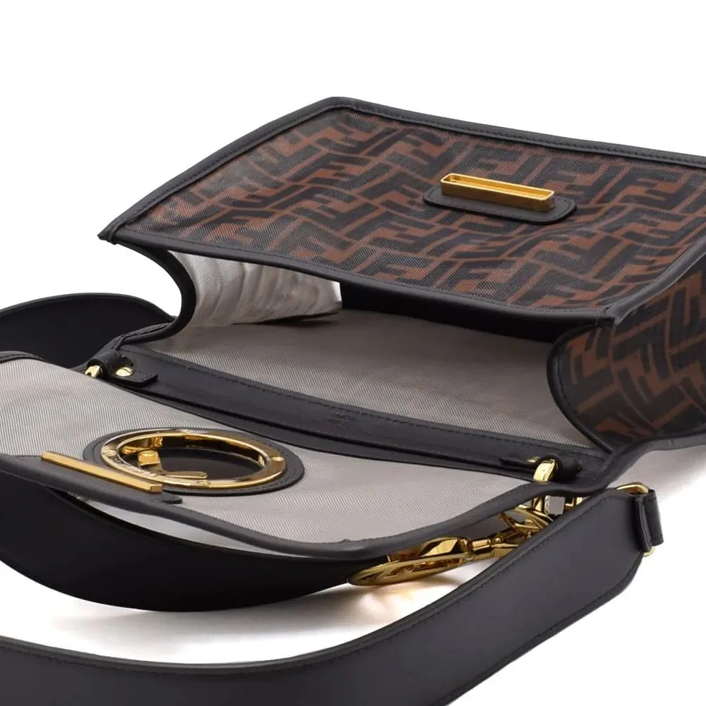 Fendi Black/Brown FF Mesh and Leather Kan I Shoulder Bag Brown Leather Never worn - Inside View