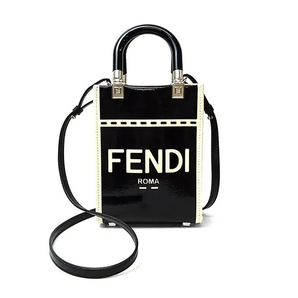 Fendi Black/Cream Patent Leather and Canvas Mini Sunshine Tote Bag Black Canvas Never worn - Back View