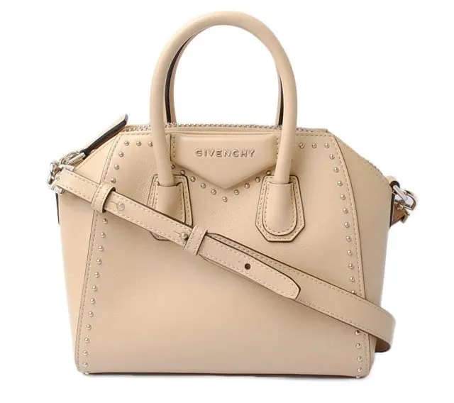 Givenchy Calfskin Mini Studded Antigona Beige Buff Shoulder Bag Beige Leather Very good - Front View