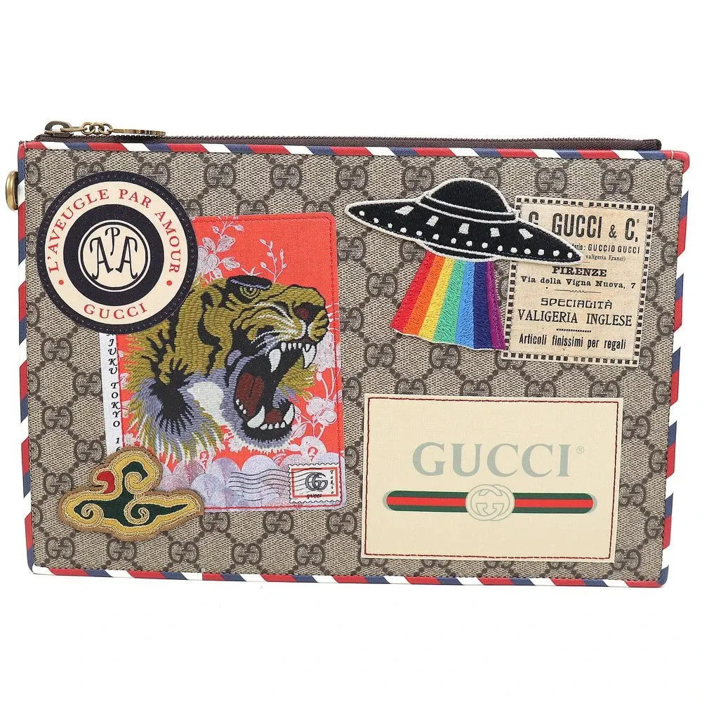 Gucci Beige GG Supreme Coated Canvas Courier Wristlet Pouch Beige Canvas Never worn - Front View