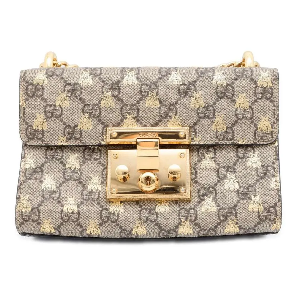 Gucci Beige/Black GG Supreme Bees Canvas and Leather Small Padlock Shoulder Bag Beige Canvas Very good - Front View