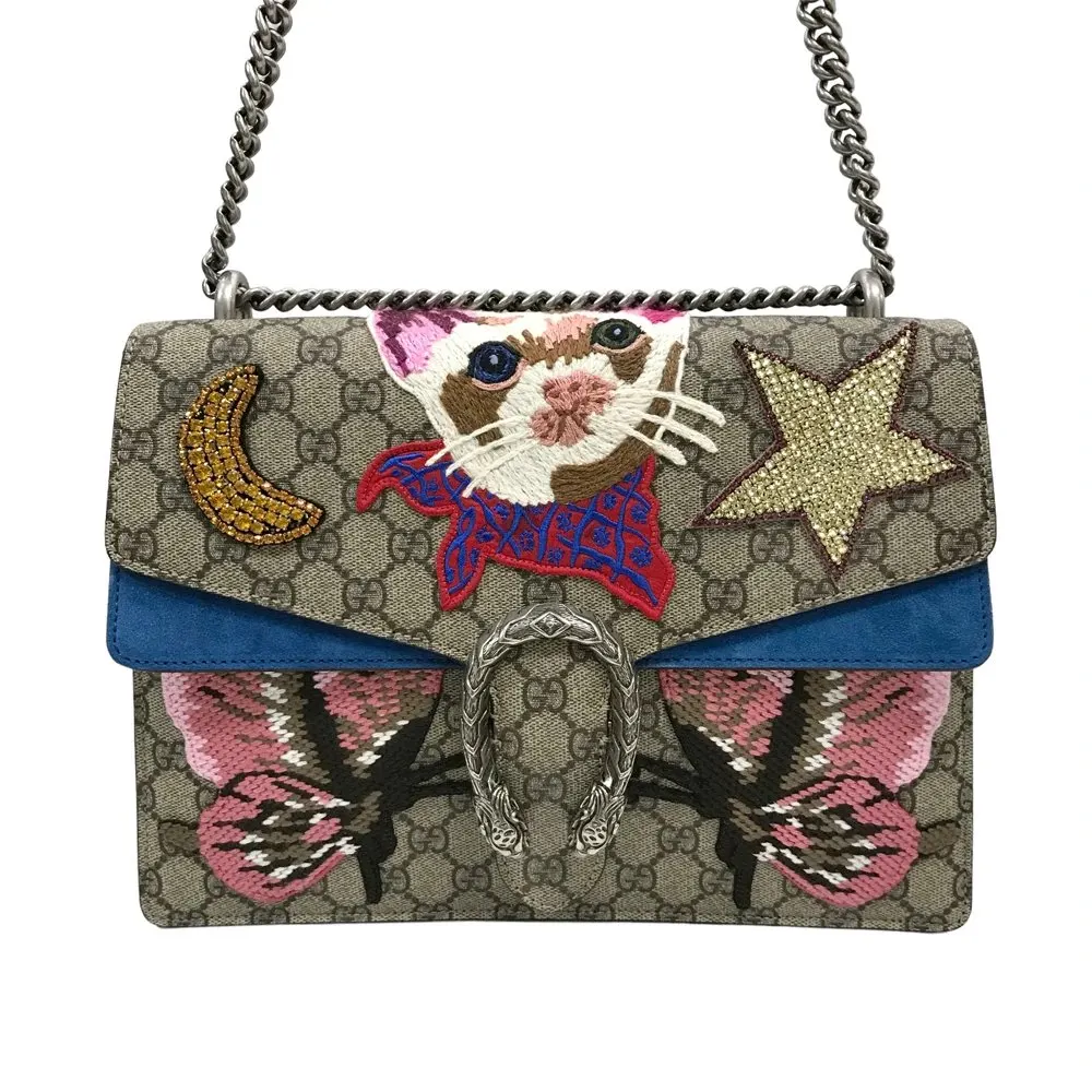 Gucci Beige/Blue Medium Dionysus Cat GG Supreme Canvas Chain Shoulder Bag Beige Canvas Never worn - Front View