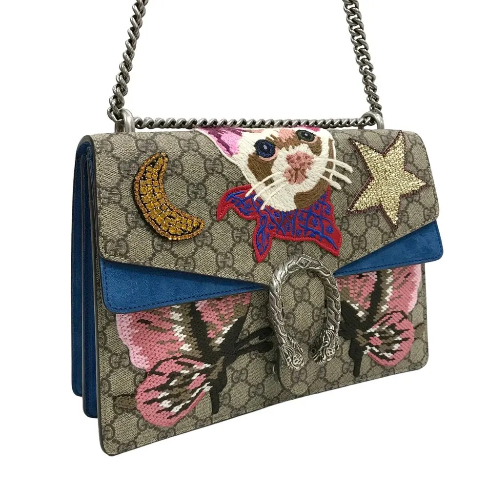 Gucci Beige/Blue Medium Dionysus Cat GG Supreme Canvas Chain Shoulder Bag Beige Canvas Never worn - Back View