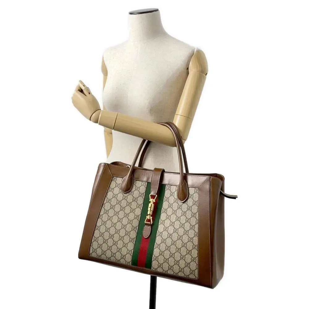 Gucci Beige/Brown GG Canvas and Leather Jackie 1961 Tote Bag Beige Canvas Very good - Model View