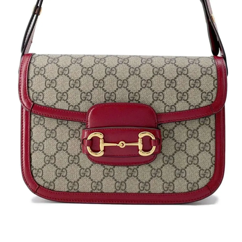 Gucci Beige/Red GG Canvas and Leather 1955 Horsebit Shoulder Bag Beige Canvas Very good - Front View